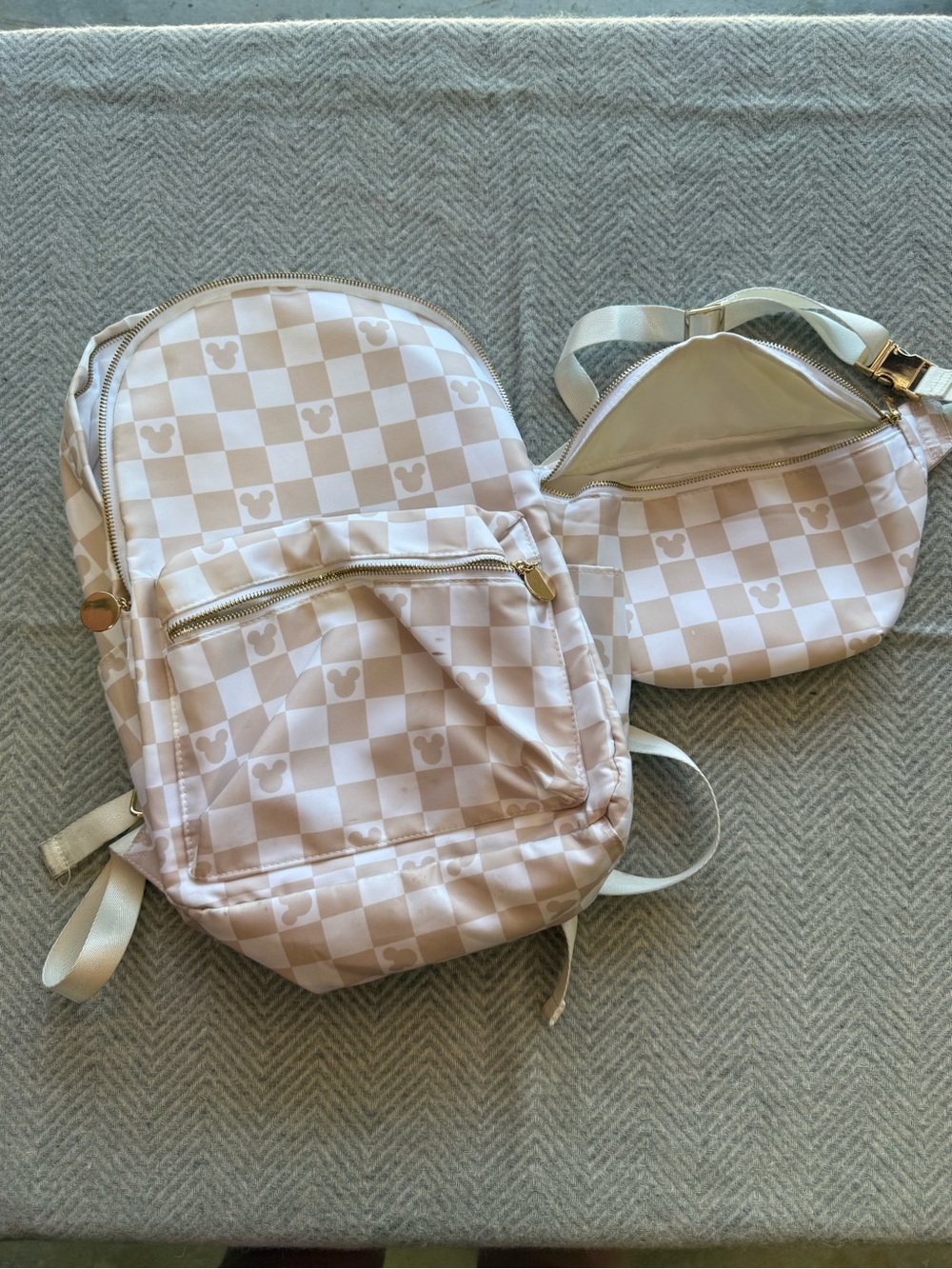 Beige Checkered Mickey Backpack + Waist Bag Set